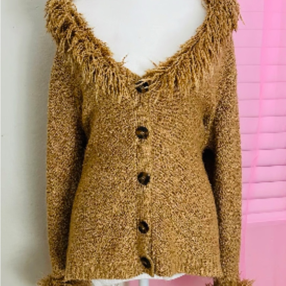 Cozy Brown Women's Sweater with Fringe Detail